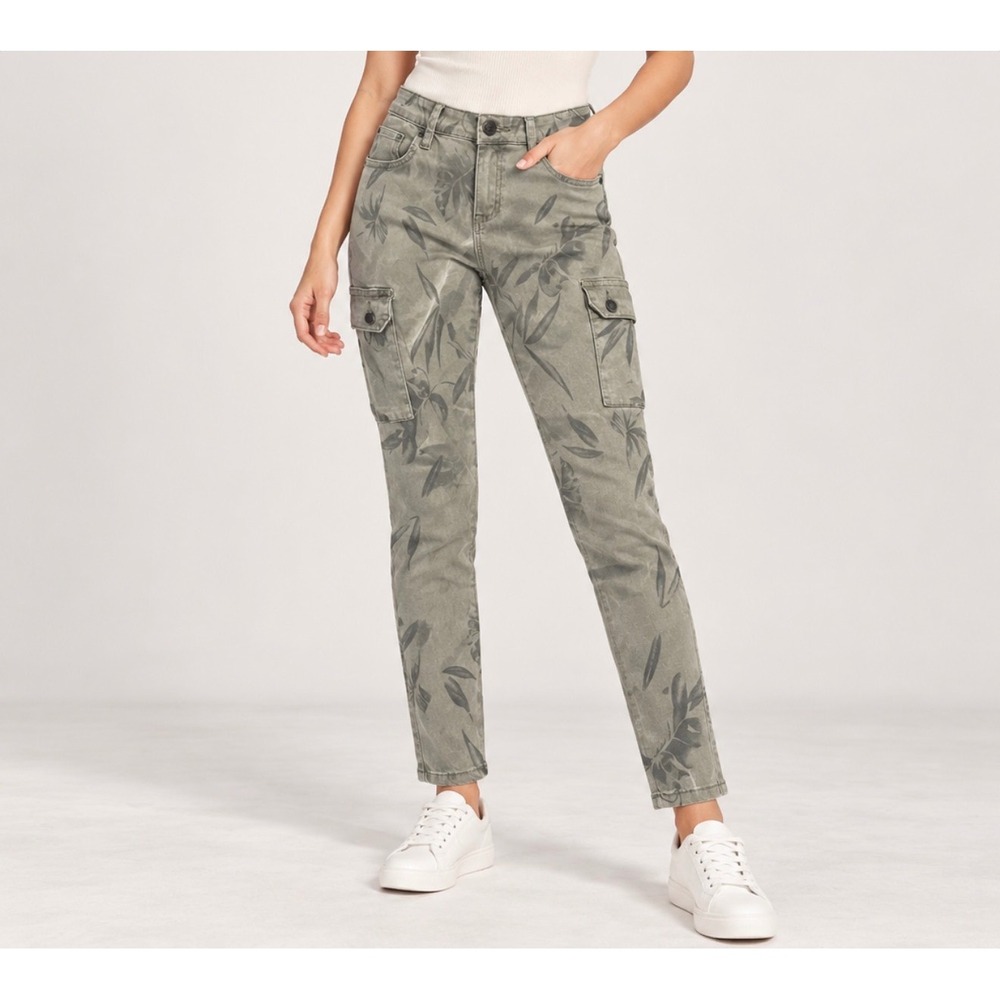 Kut from the Kloth Brigitte Ankle Skinny Petite Cargo Pants Olive Leaf Print 6P
